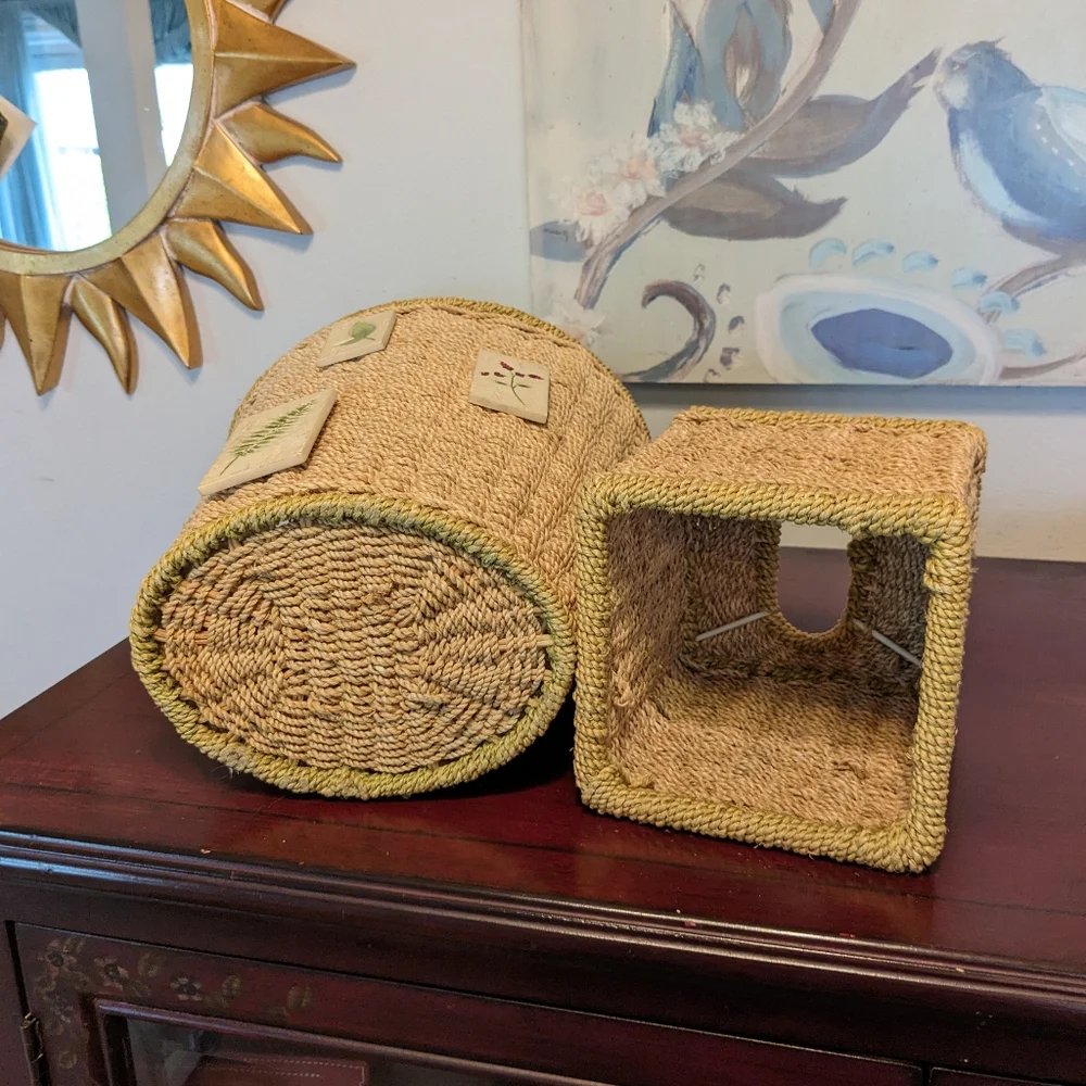 Woven Wicker Trash Can & Tall Tissue Box Cover Bohemian EUC Floral Tiles 2 Pcs